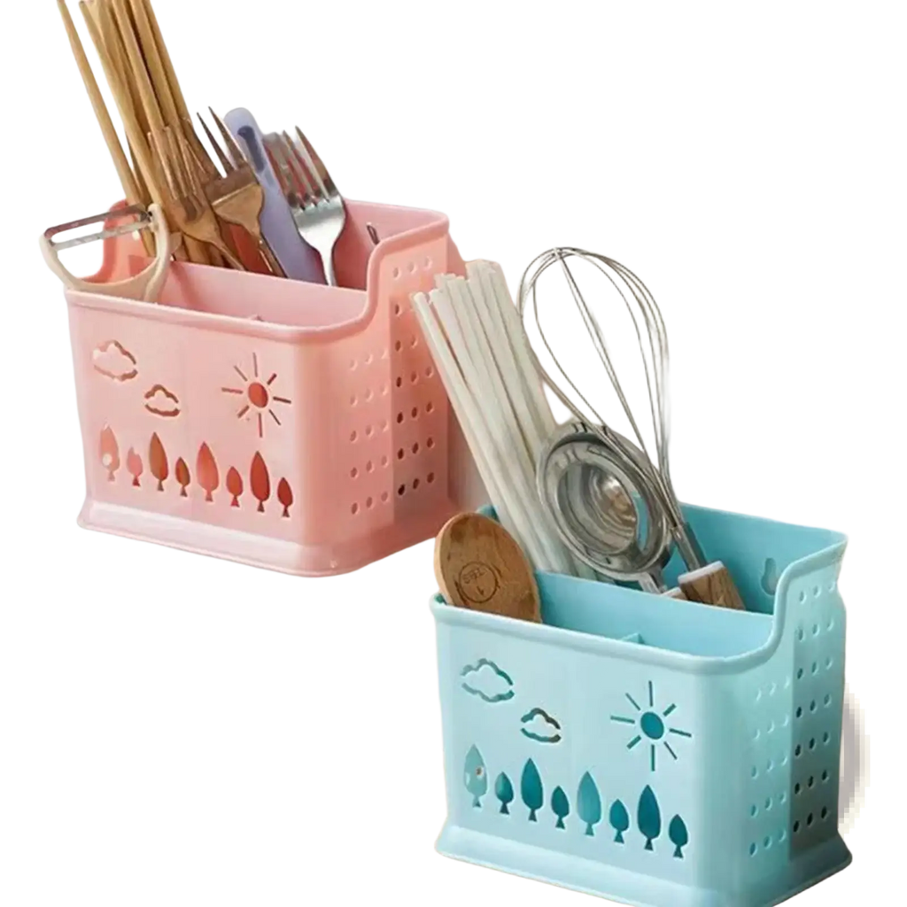 Pink and blue plastic draining chopstick holder with sun cloud and tree cut-out designs for space saving organization