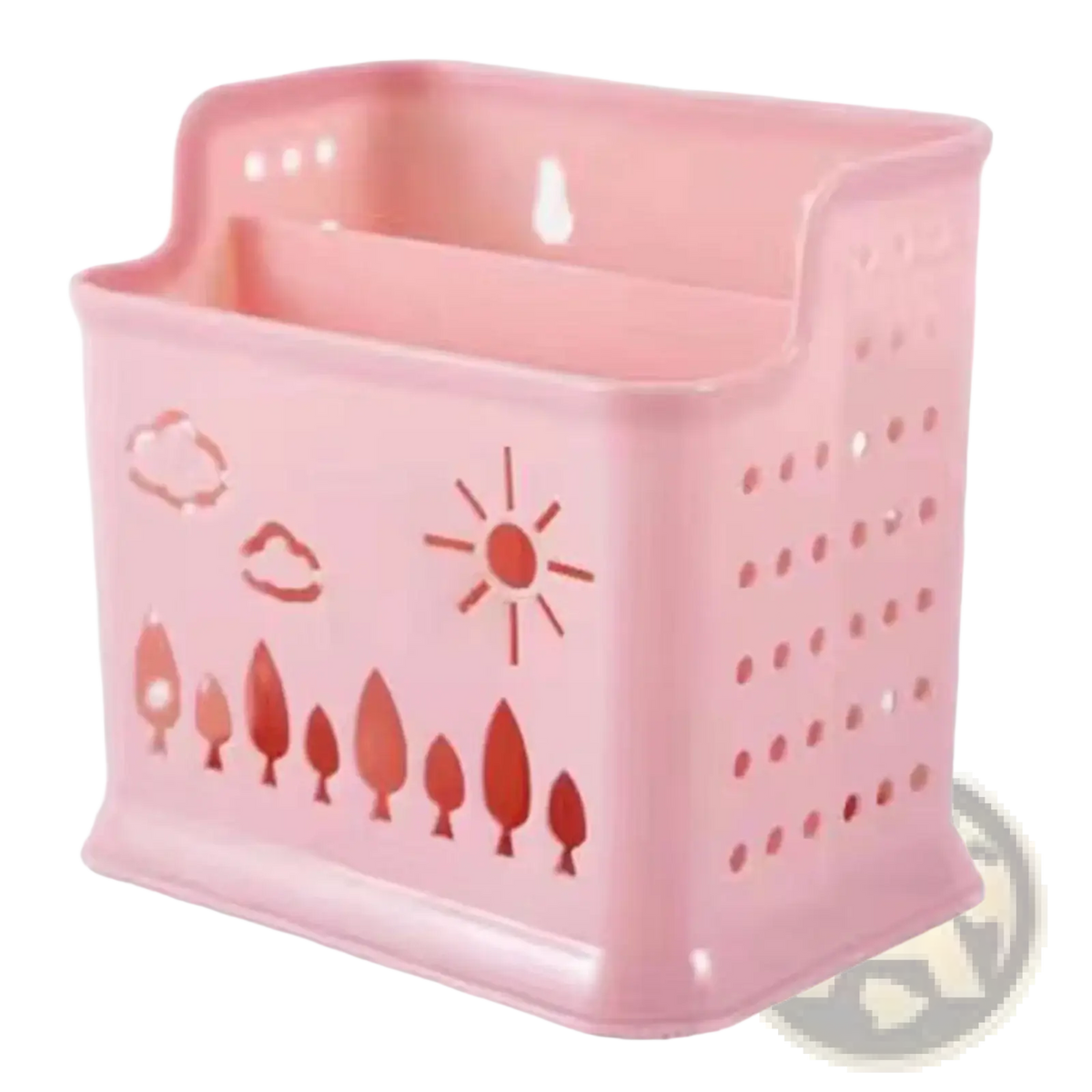 Pink plastic draining chopstick holder with sun clouds and tree cutout designs for utensil organization