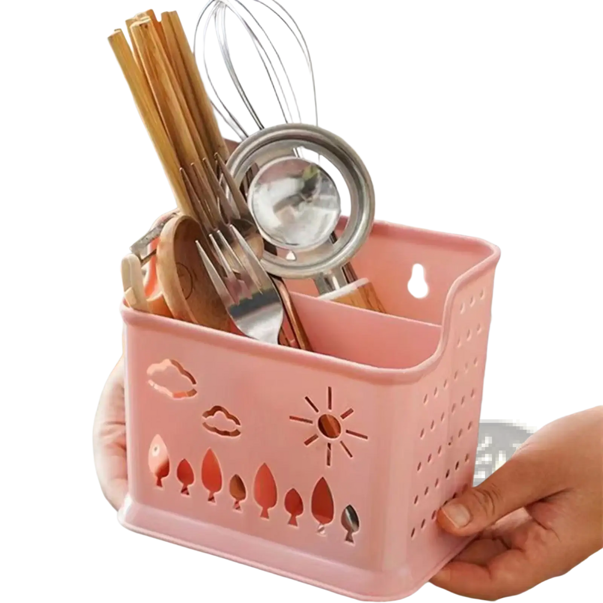 Pink plastic draining chopstick holder utensil organizer with cloud sun and tree cutout designs for space saving use