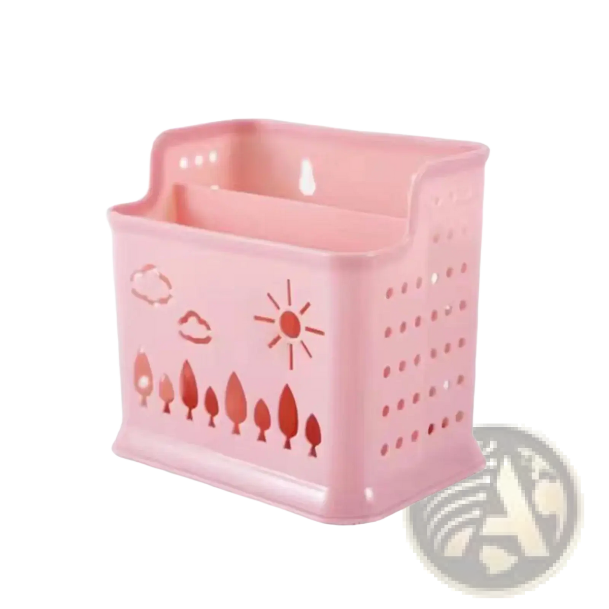 Pink plastic draining chopstick holder with perforated sides and decorative cloud sun and tree cutout design
