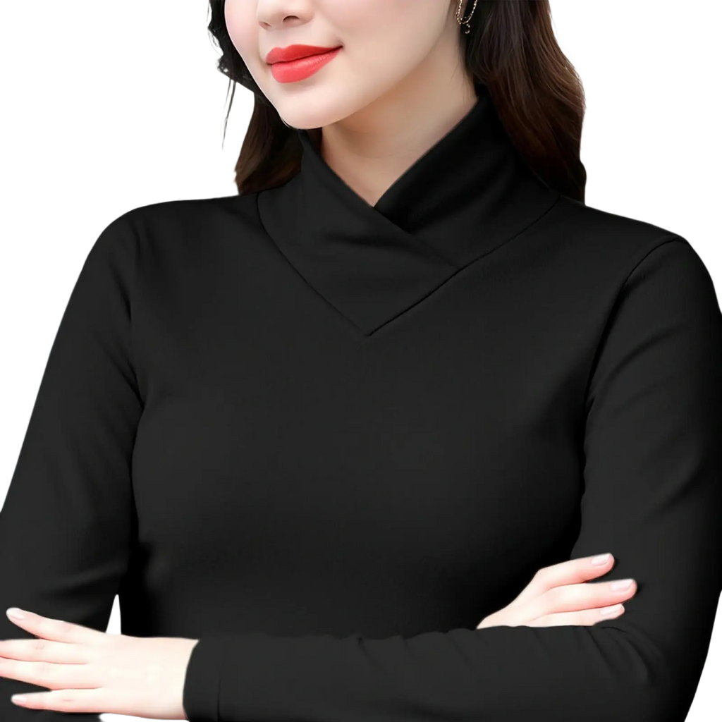 Black dralon turtleneck thermal base layer top with smooth, form-fitting fabric and classic v-neckline