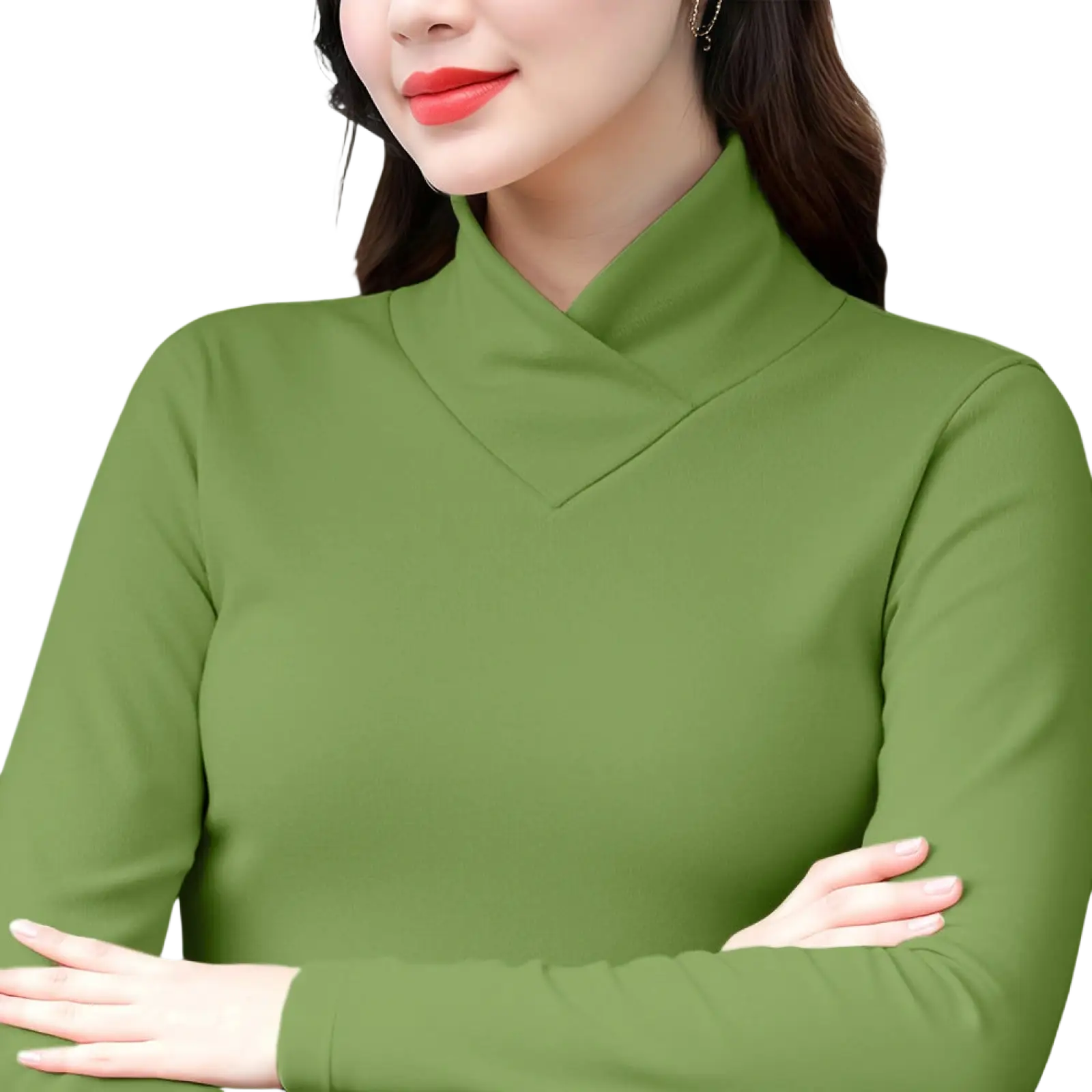Olivine green Dralon turtleneck thermal base layer top with soft smooth fabric and flattering v-neckline design