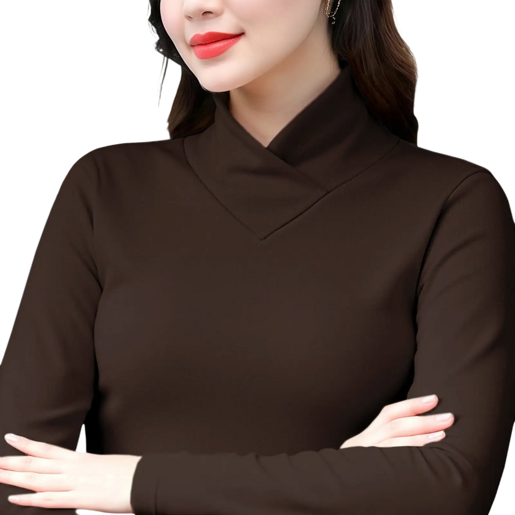 A sleek solid brown dralon turtleneck thermal base layer top with long sleeves and a high softly folded collar