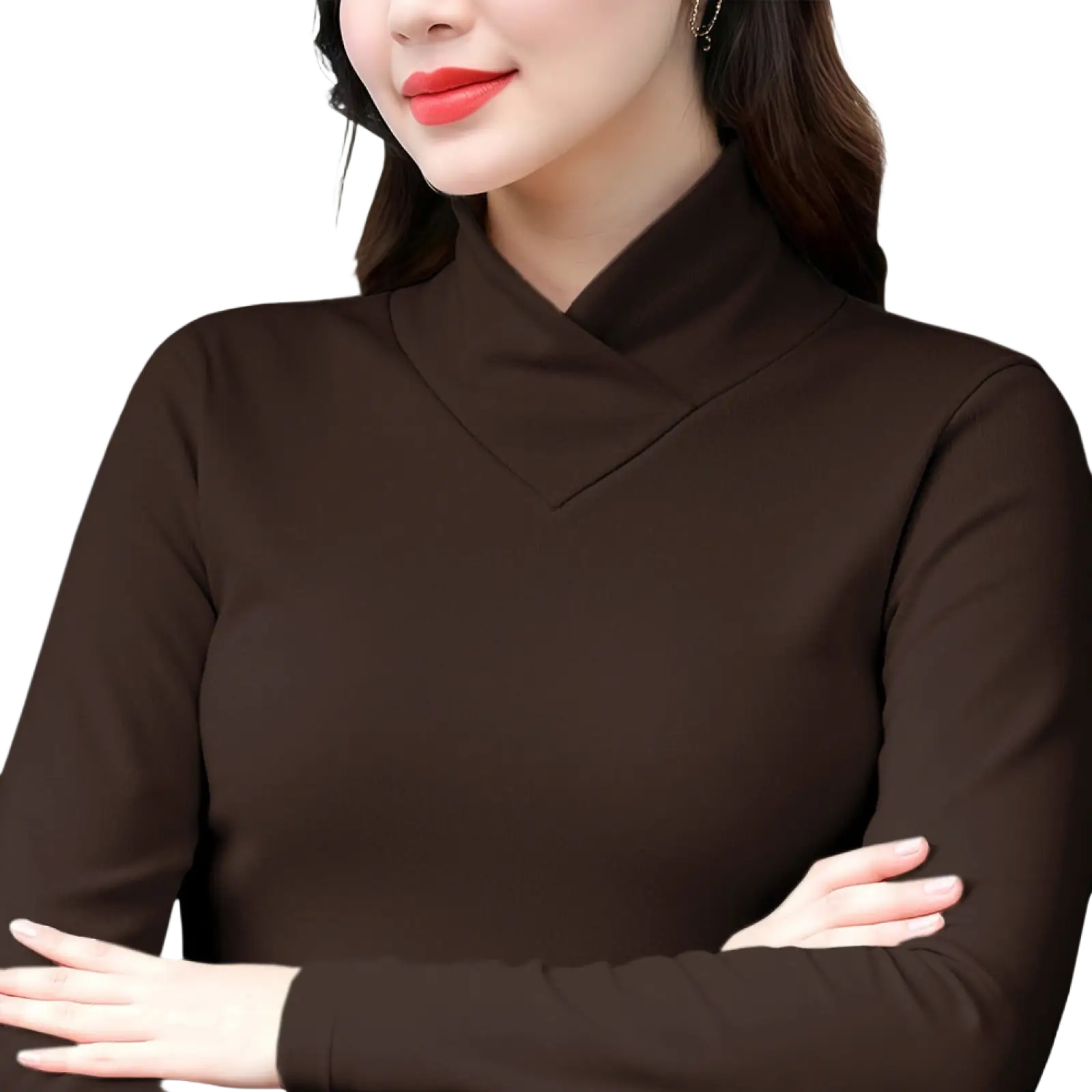 A sleek solid brown dralon turtleneck thermal base layer top with long sleeves and a high softly folded collar