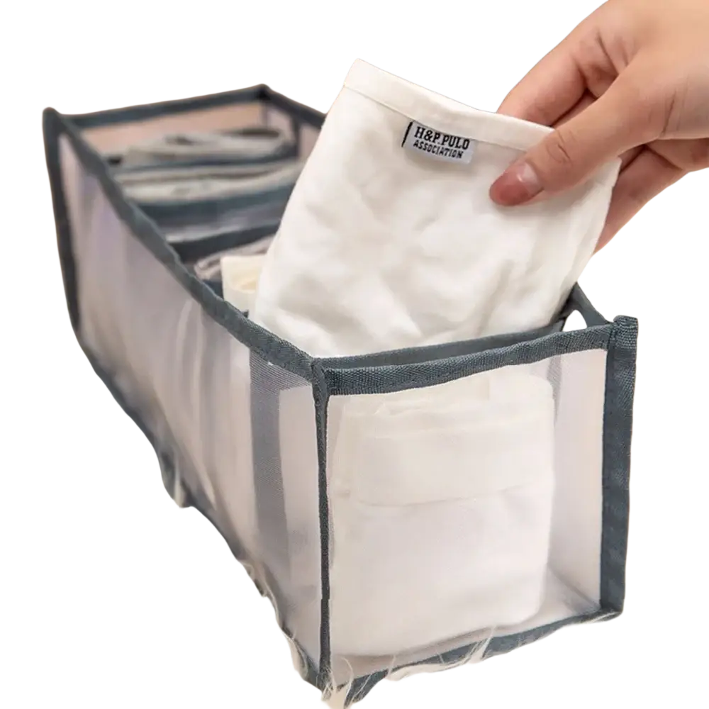 Transparent mesh drawer divider organizer with gray fabric trim holding white underwear for bras and socks storage