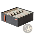 Dark gray fabric drawer organizer box with orange handle and red storage label holding beige and light green bras