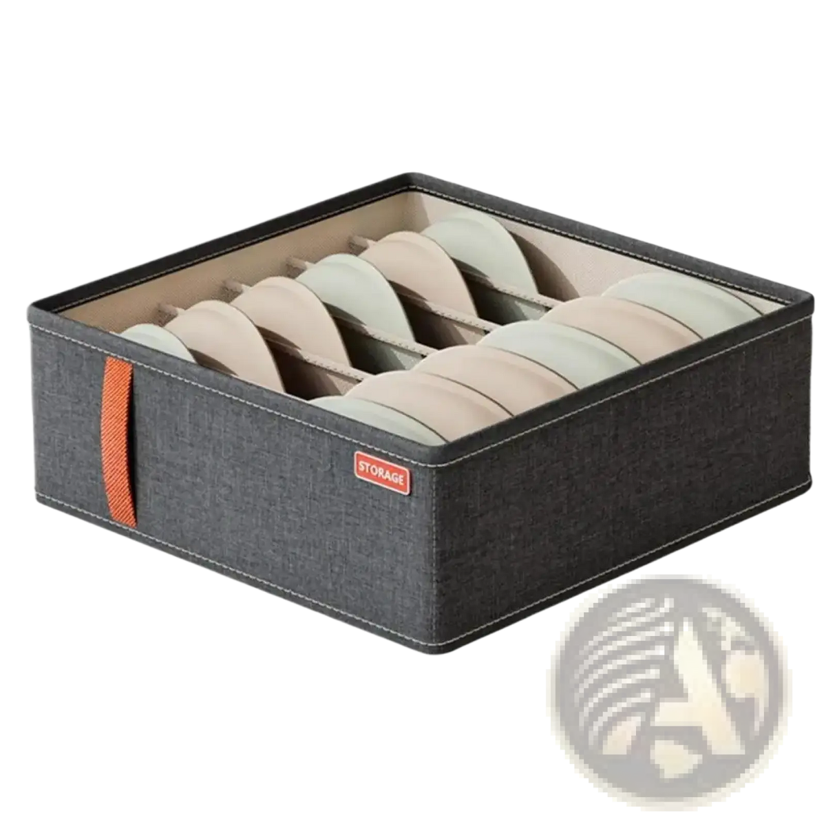 Dark gray fabric drawer organizer box with orange handle and red storage label holding beige and light green bras