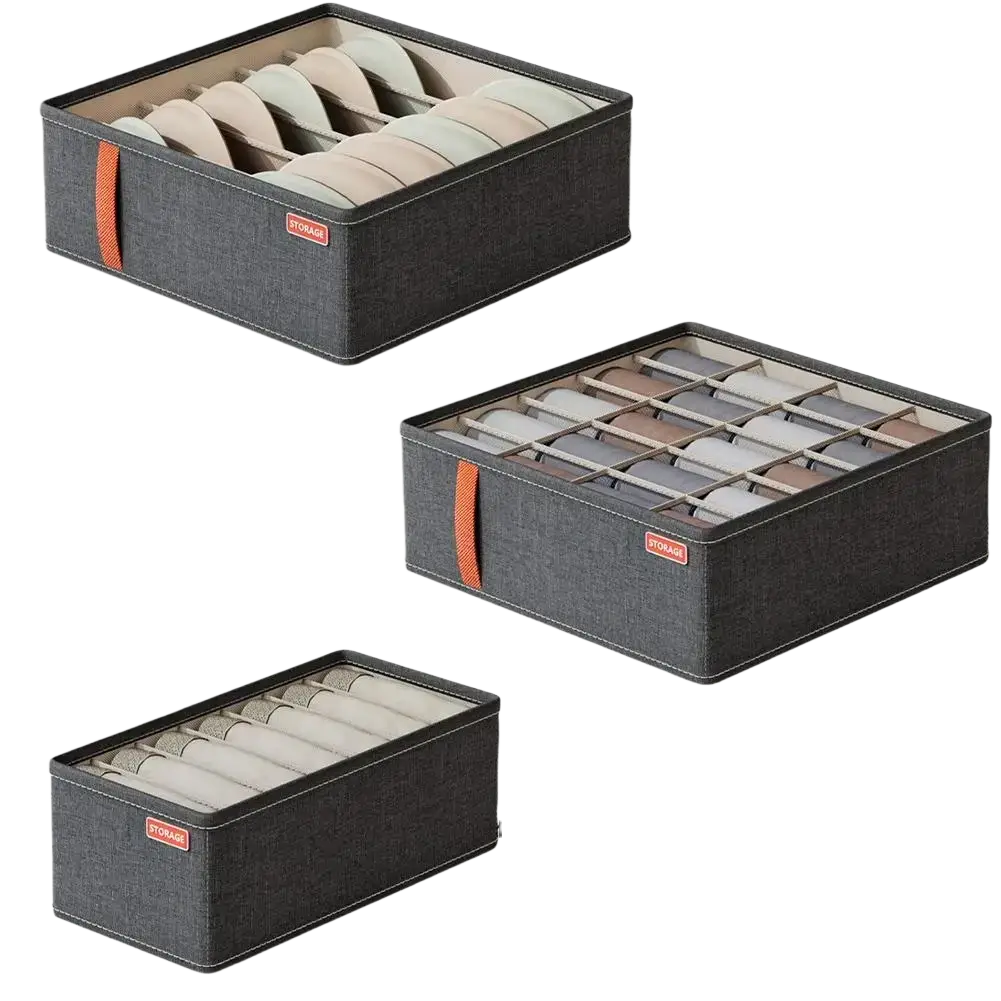 Dark gray fabric drawer organizer box with orange handles and compartments for storing underwear and socks
