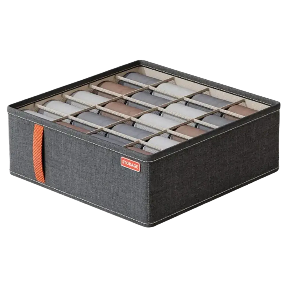 Dark gray fabric drawer organizer box with orange handle and white stitching for neatly storing underwear and socks