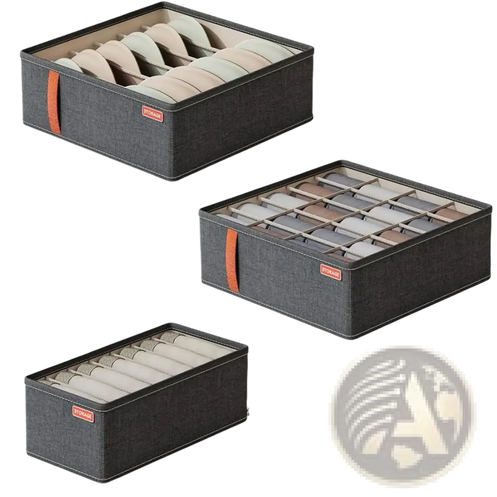 Dark gray fabric drawer organizer box with orange handles and compartments for storing underwear and socks