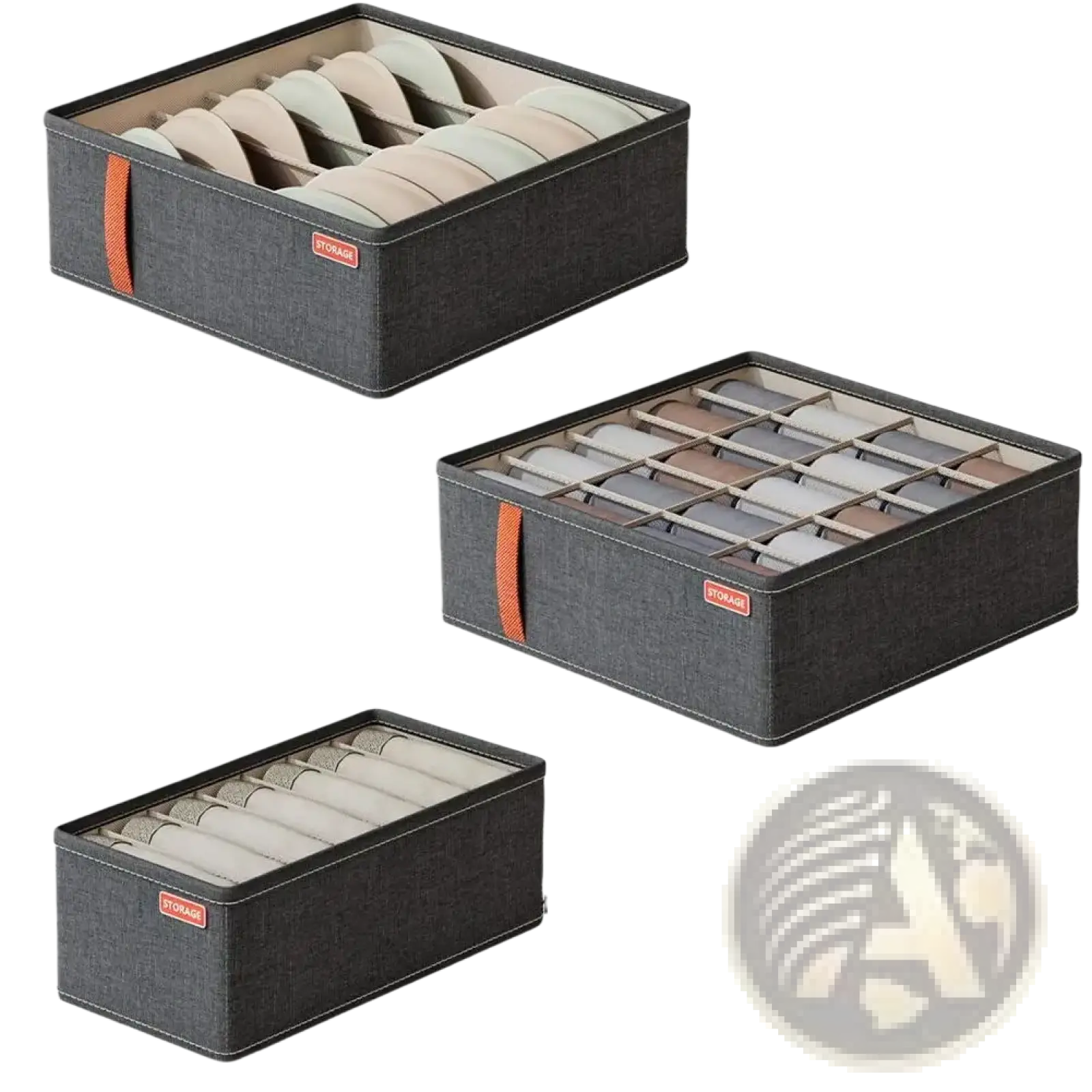 Dark gray fabric drawer organizer box with orange handles and compartments for storing underwear and socks
