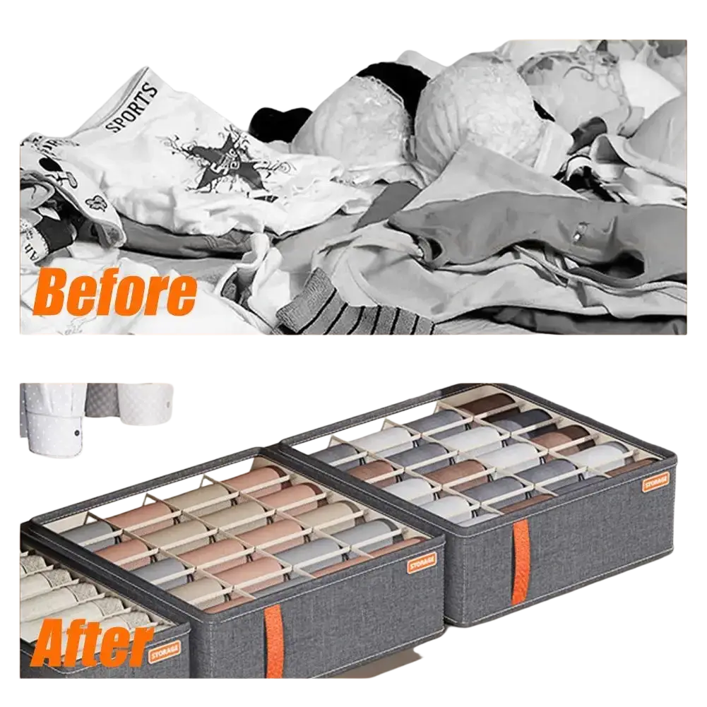 Gray fabric drawer organizer box with orange side straps and compartments for neatly storing underwear and socks