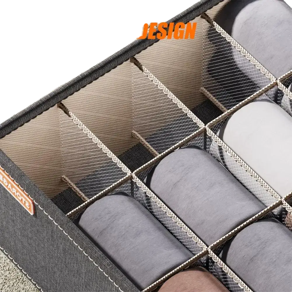 Gray fabric drawer organizer box with mesh dividers and black trim for underwear and socks storage
