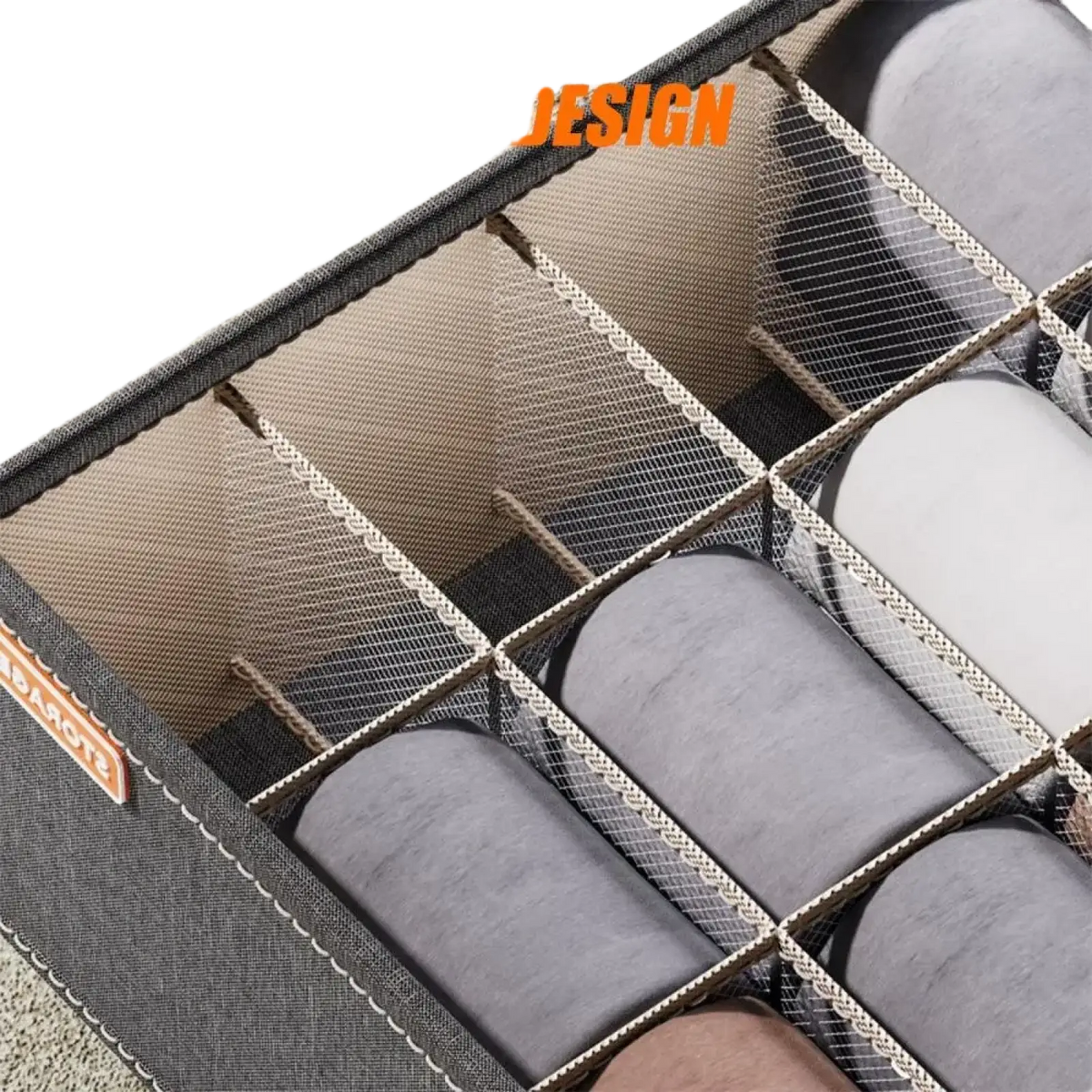 Gray fabric drawer organizer box with mesh dividers and black trim for underwear and socks storage