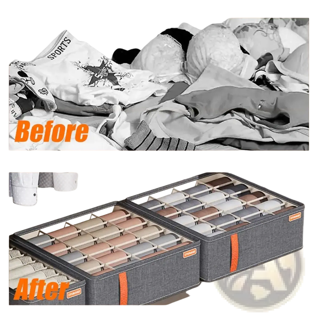 Gray fabric drawer organizer box with orange side straps and compartments for neatly storing underwear and socks