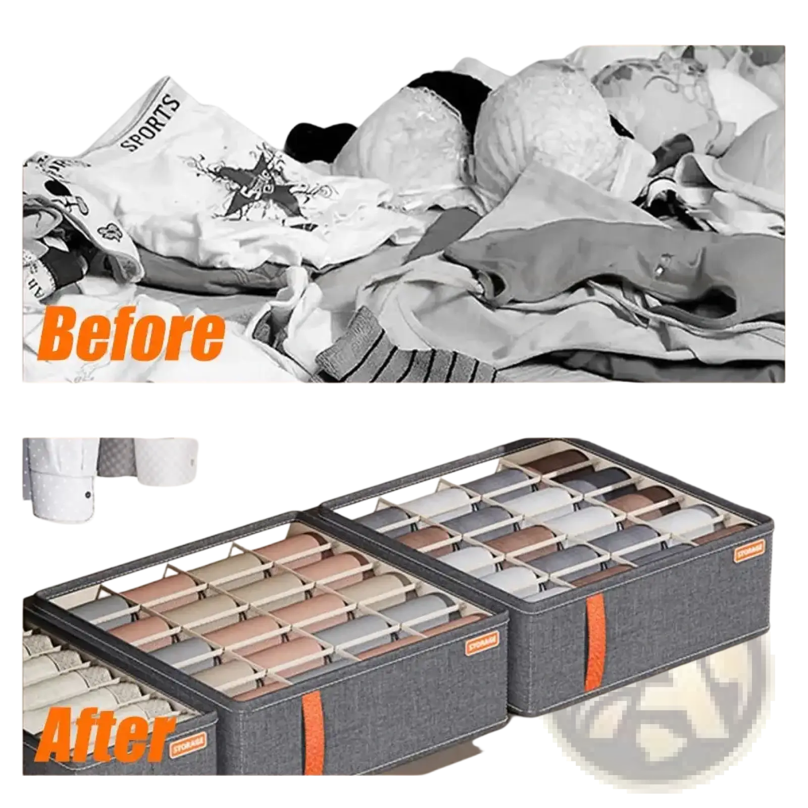 Gray fabric drawer organizer box with orange side straps and compartments for neatly storing underwear and socks