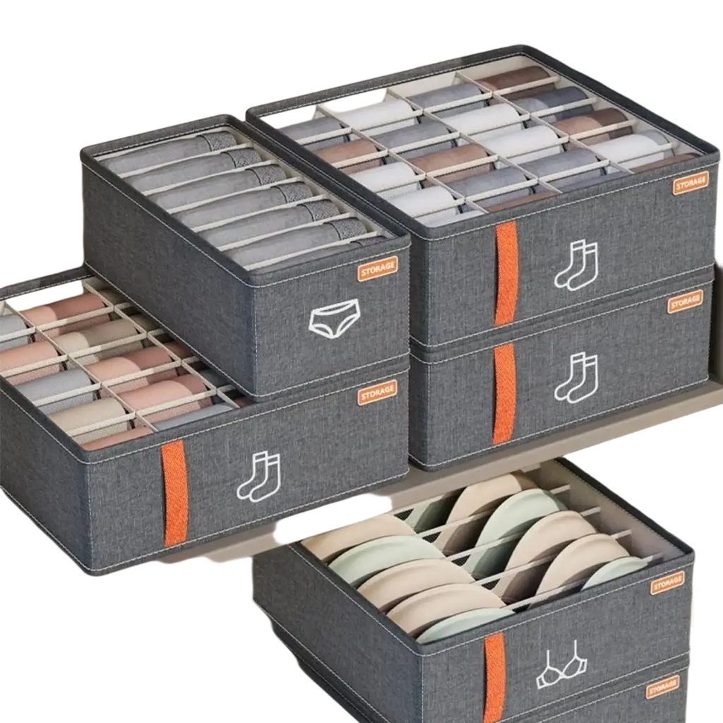 Gray fabric drawer organizer boxes with orange side straps and white icons for underwear socks and bras storage