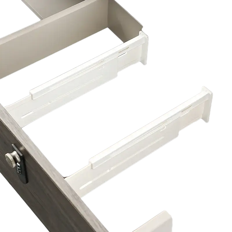 White plastic expandable drawer organizer with minimalist design for efficient space separation and organization