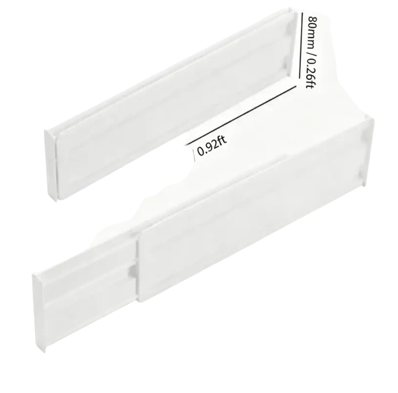 White plastic drawer organizer with sleek minimalist design and two length options for expandable separation