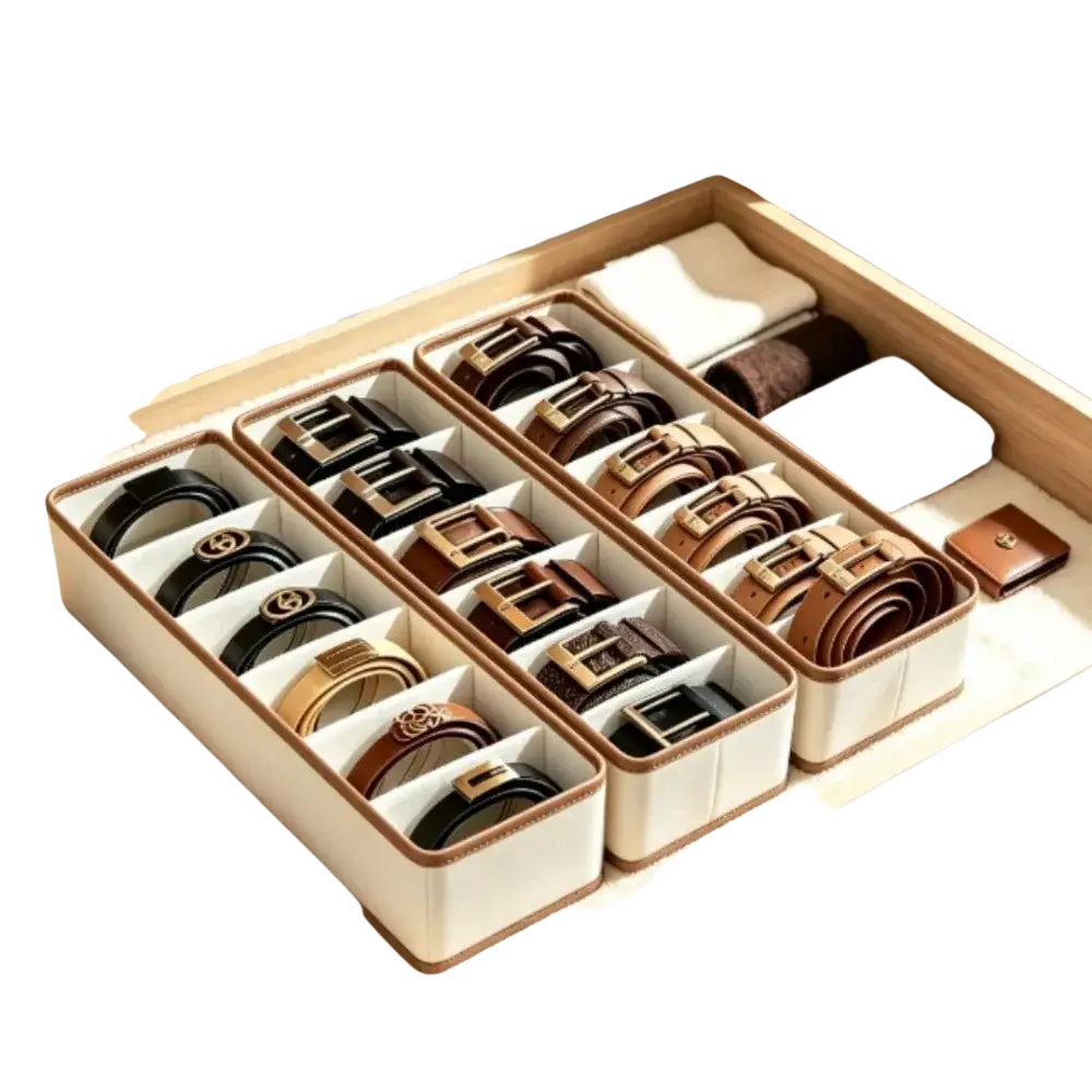 Beige and brown fabric drawer organizer with segmented compartments for leather belts storage and organization