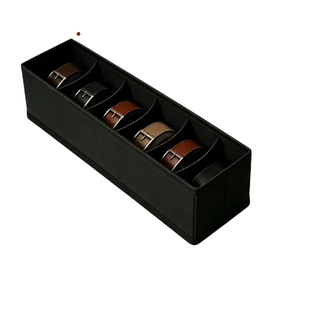 Black leather drawer organizer with five compartments holding brown and black belts for fabric storage use