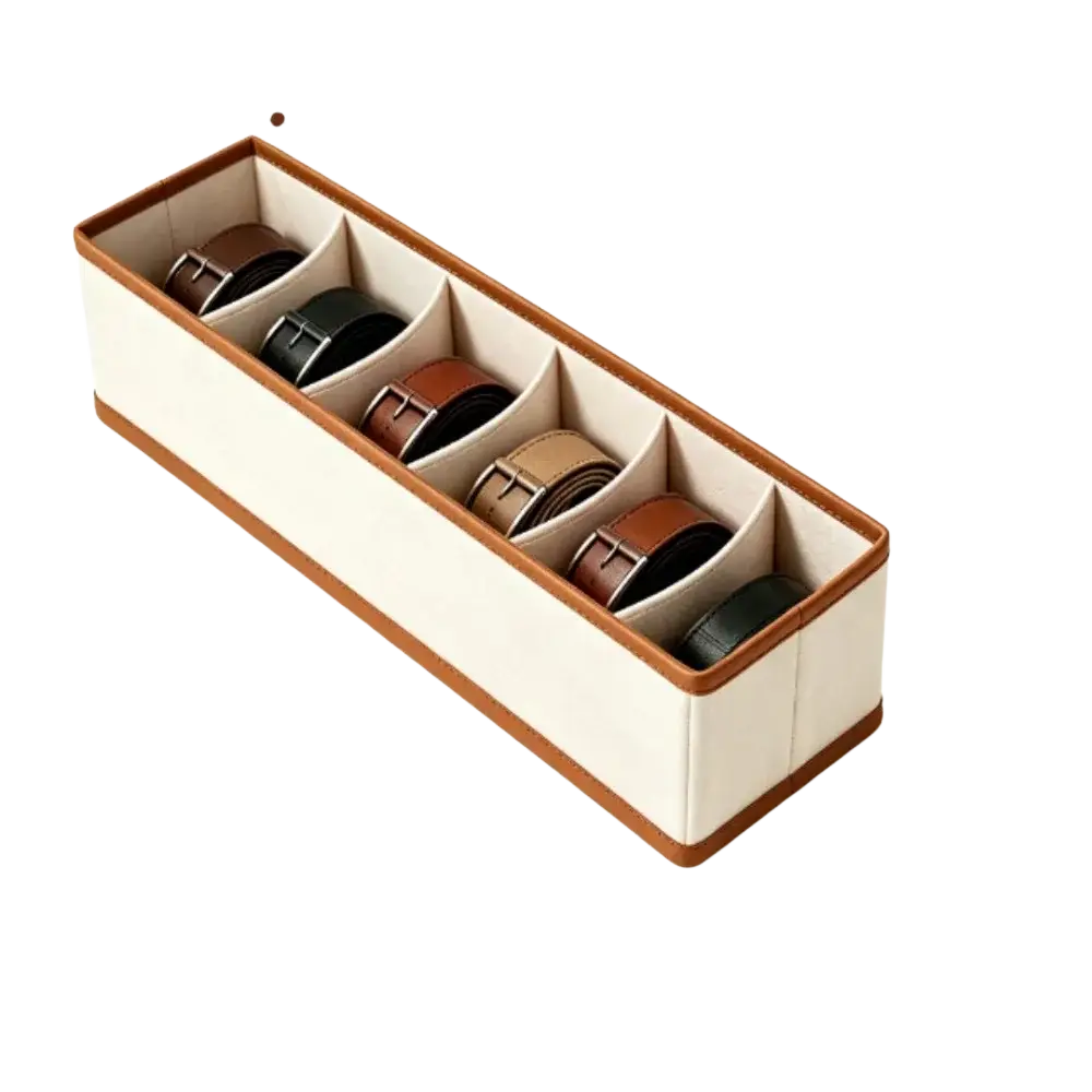 Cream-colored fabric drawer organizer with brown leather trim and five compartments holding various belts
