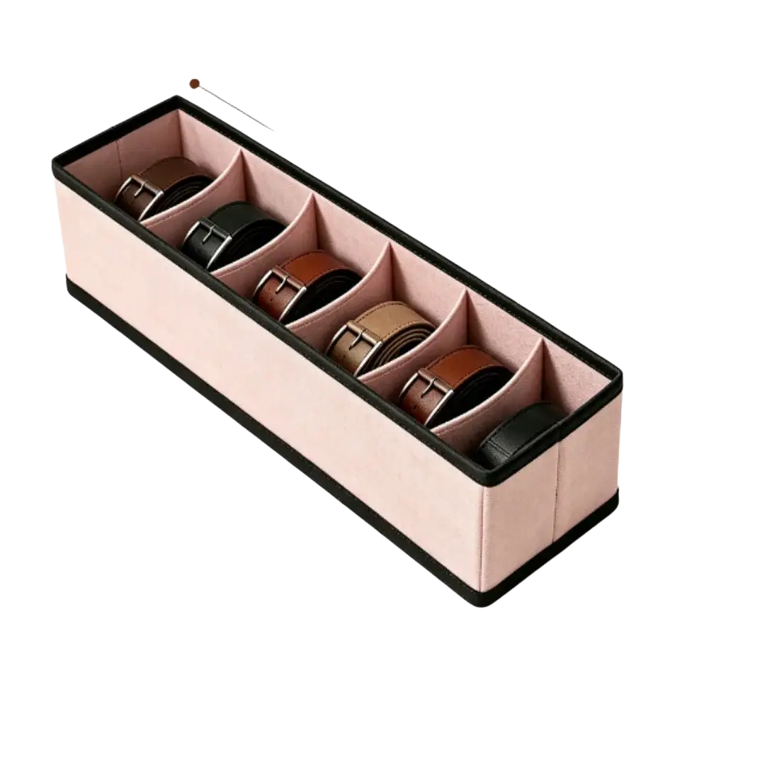 Pink velvet drawer organizer with black trim holding multiple brown and black leather belts for fabric storage