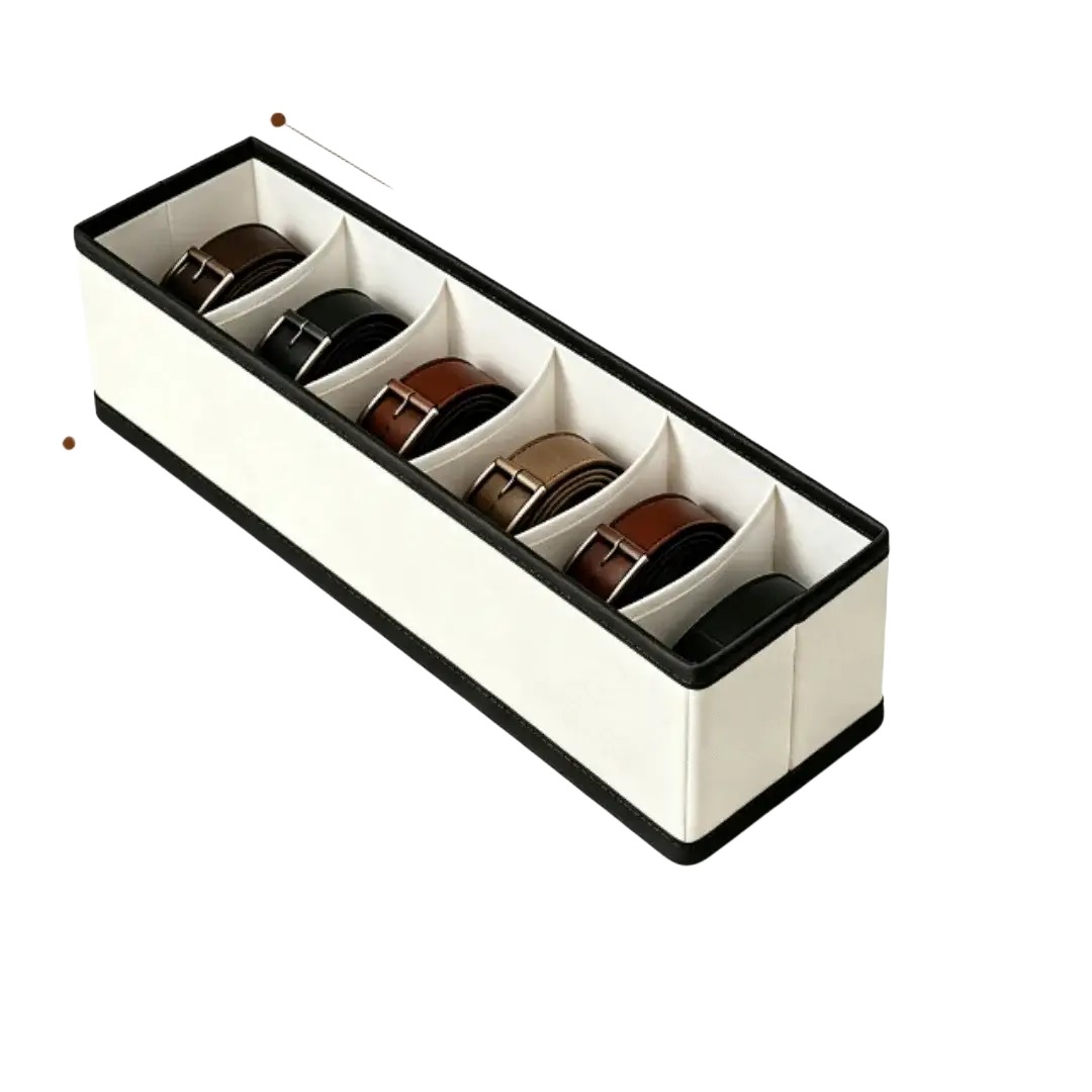 White and black leather drawer organizer with five compartments holding brown black and tan belts for fabric storage