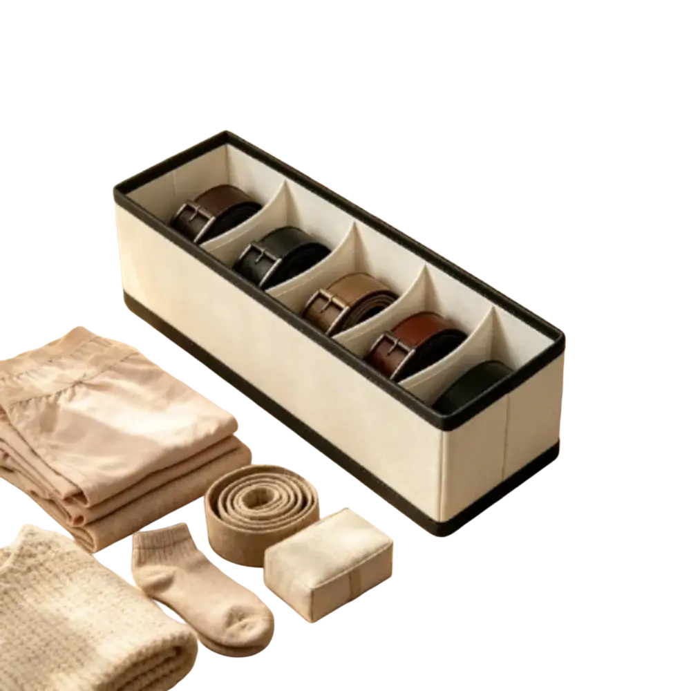 White rectangular fabric drawer organizer with black trim and five compartments holding leather belts