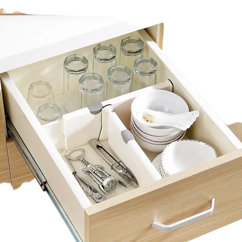 White plastic drawer partition with adjustable segmented compartments for glassware bowls and utensils storage