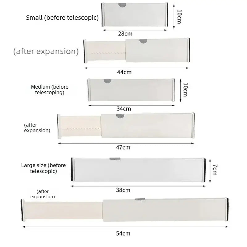 White plastic telescoping drawer partition with black trim and sliding mechanism for adjustable storage organization