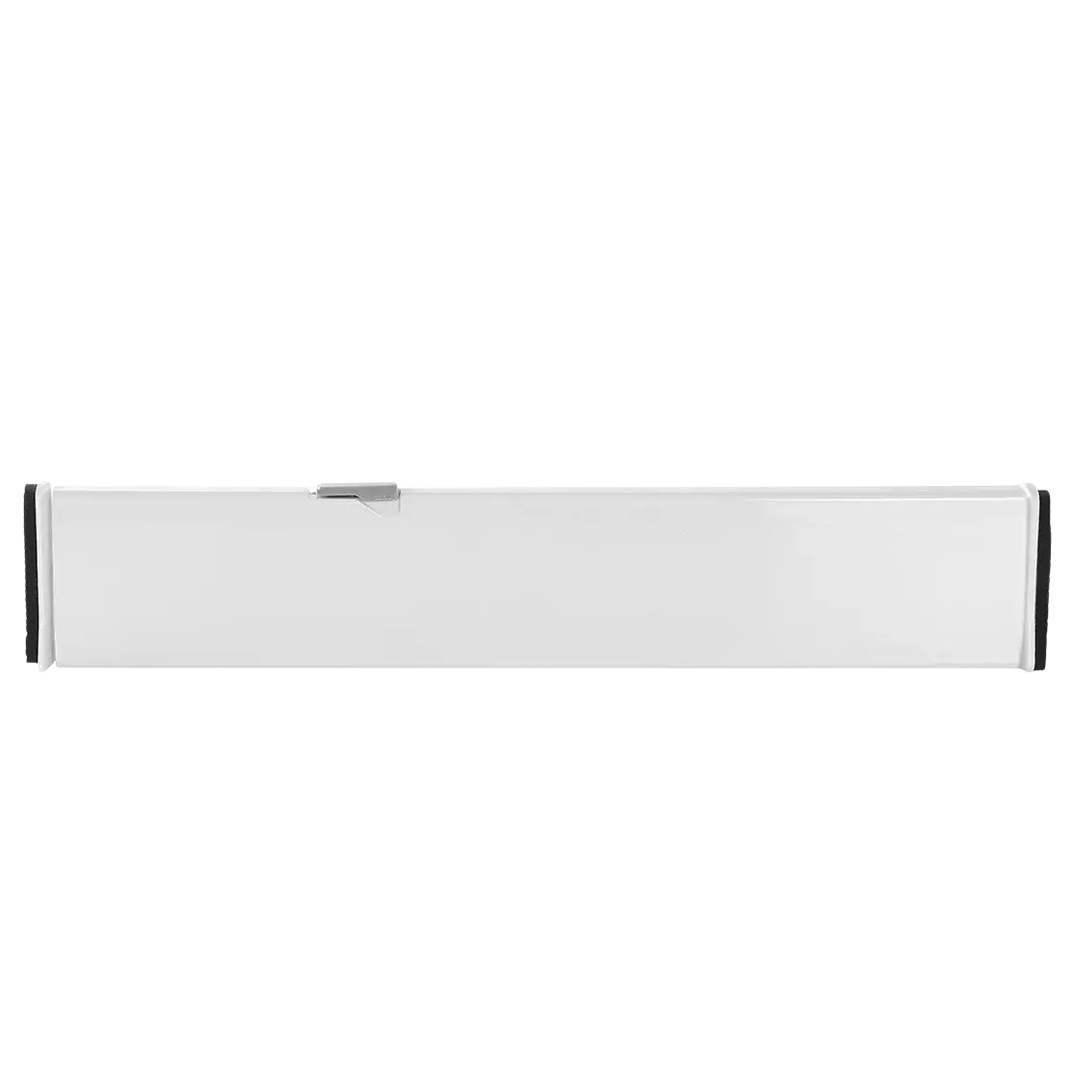 White rectangular plastic drawer partition with black rubberized edges and silver metallic latch for adjustable storage