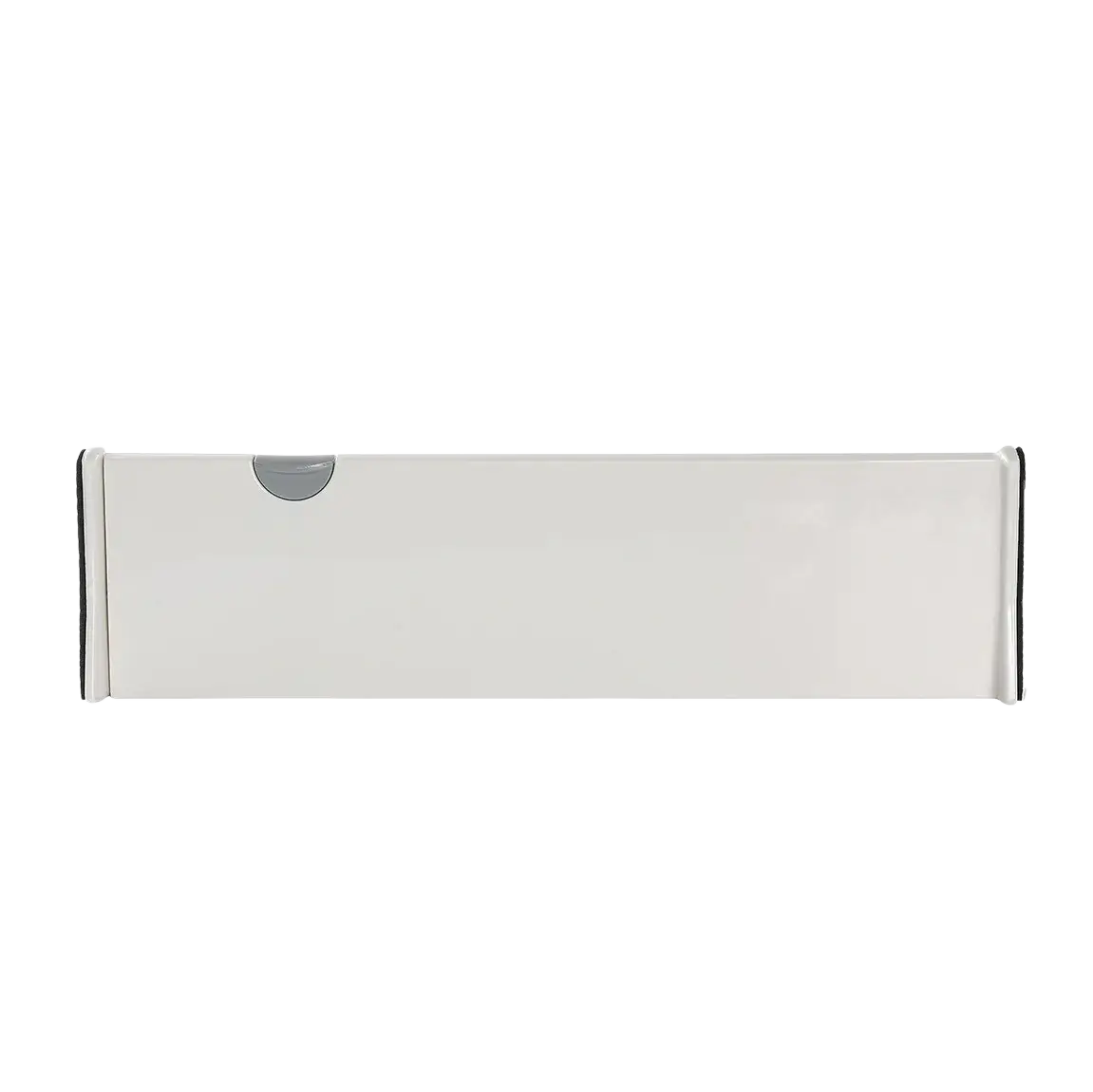 White rectangular drawer front with gray semi circular pull handle for adjustable plastic drawer partition storage divider