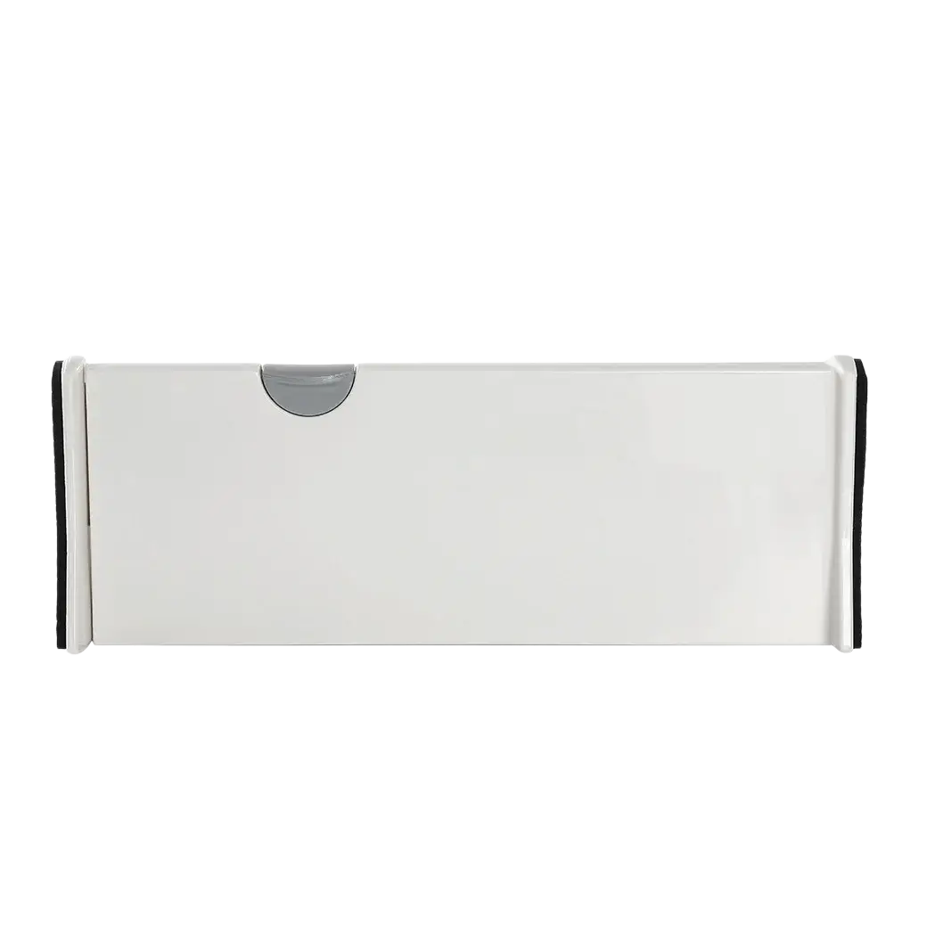 White rectangular drawer partition with gray semi-circular handle and black rubberized edges for adjustable storage division