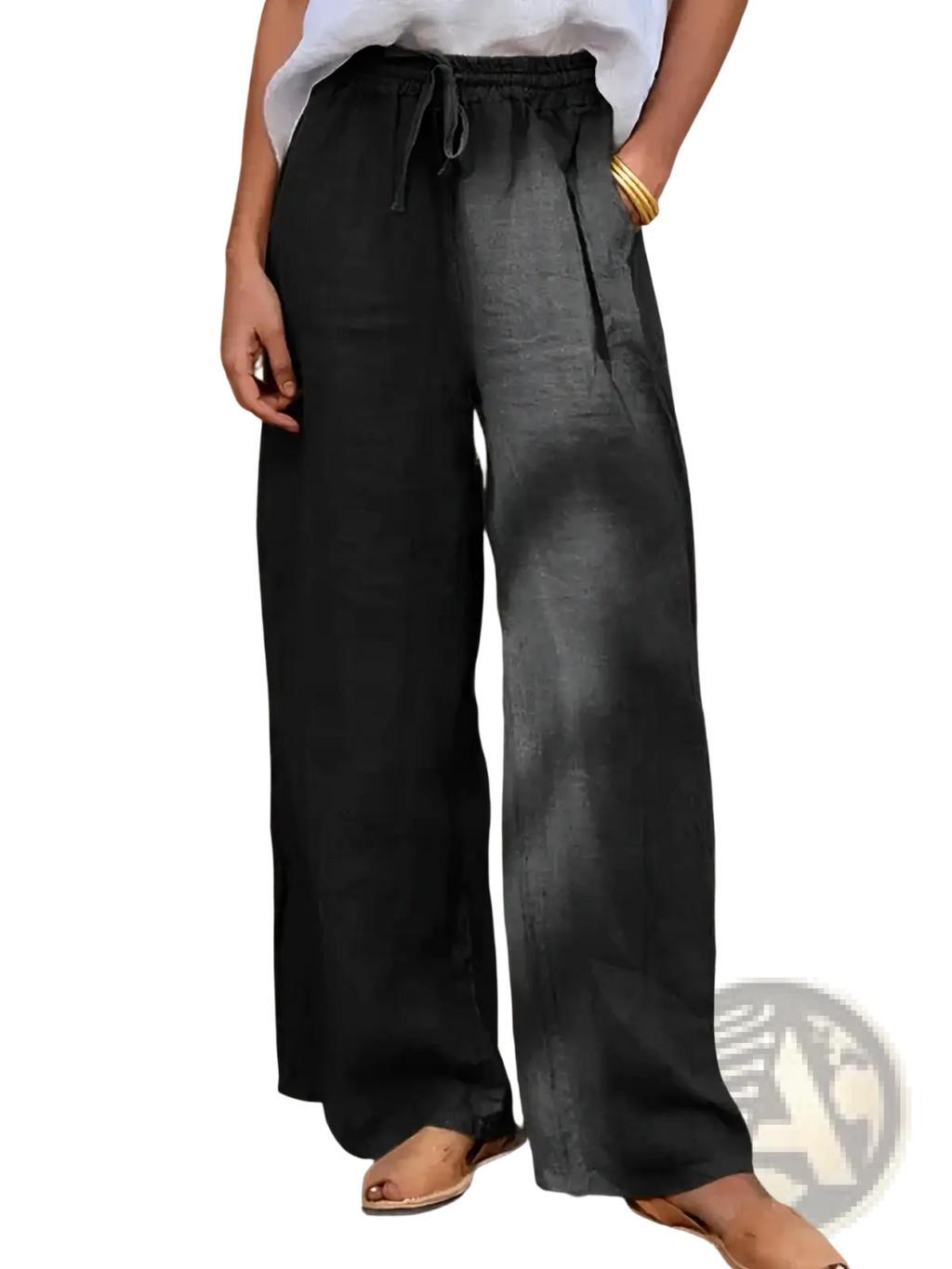 Black linen wide leg pants with a drawstring waistband designed for casual comfort and versatile wear