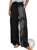 Black linen wide leg pants with a drawstring waistband designed for casual comfort and versatile wear