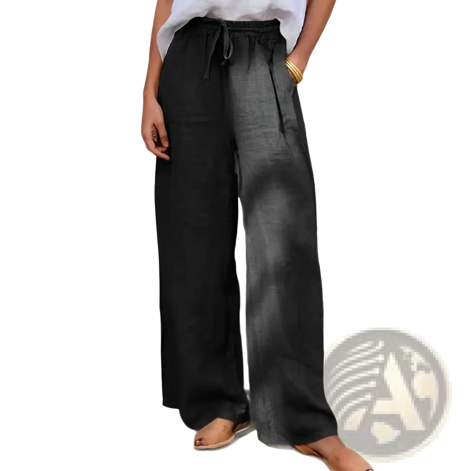 Black wide leg linen pants with a drawstring waistband ideal for comfortable and stylish casual wear