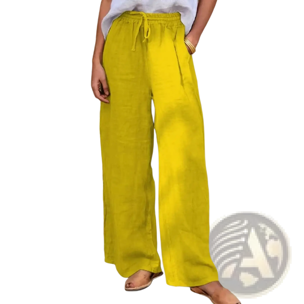 Bright yellow drawstring linen wide leg pants featuring a loose fit and elastic waistband for comfort