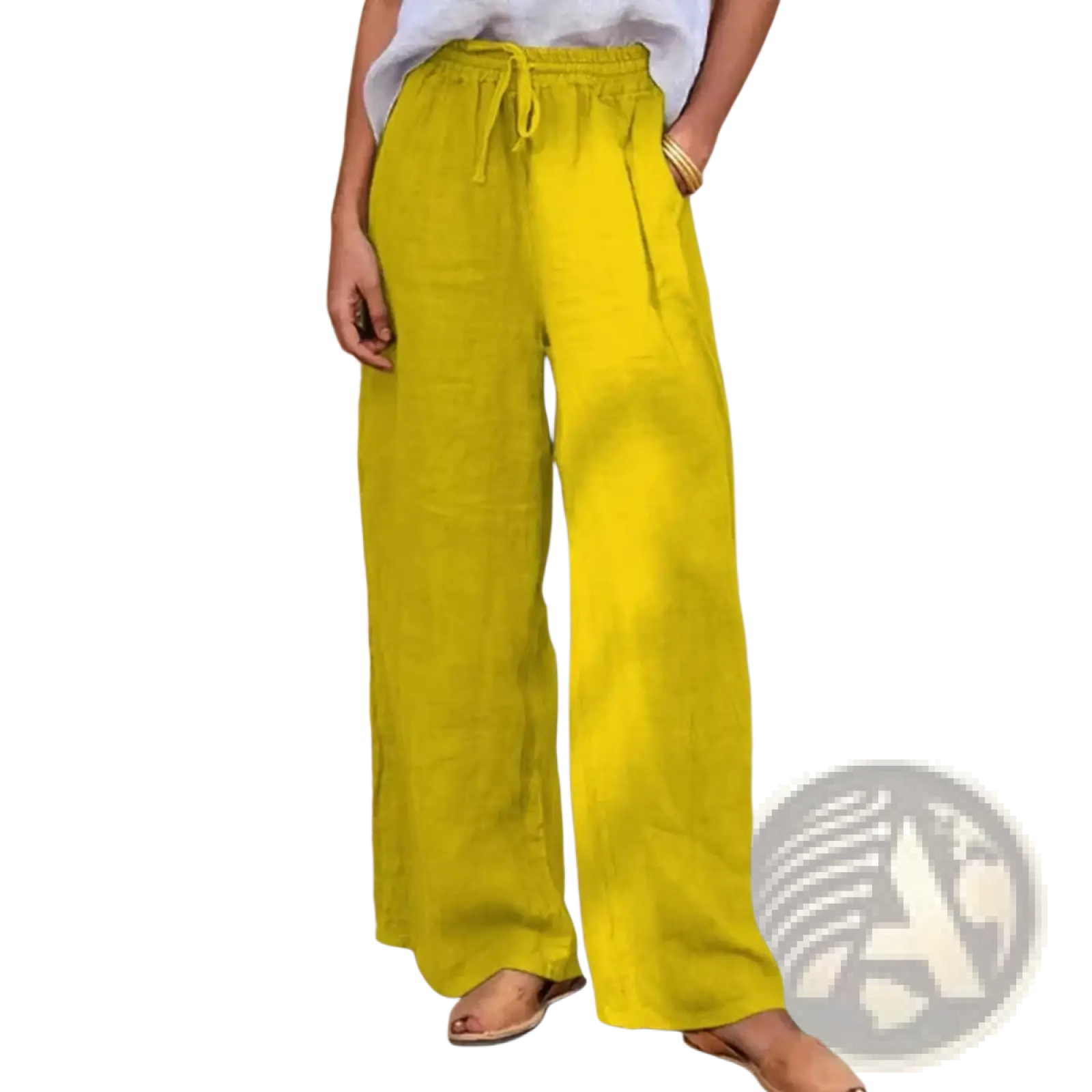Bright yellow drawstring linen wide leg pants featuring a loose fit and elastic waistband for comfort