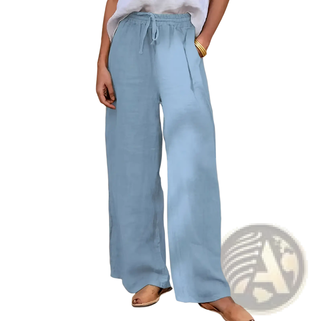 Light blue drawstring linen wide leg pants with elastic waistband and loose fit for comfortable wear