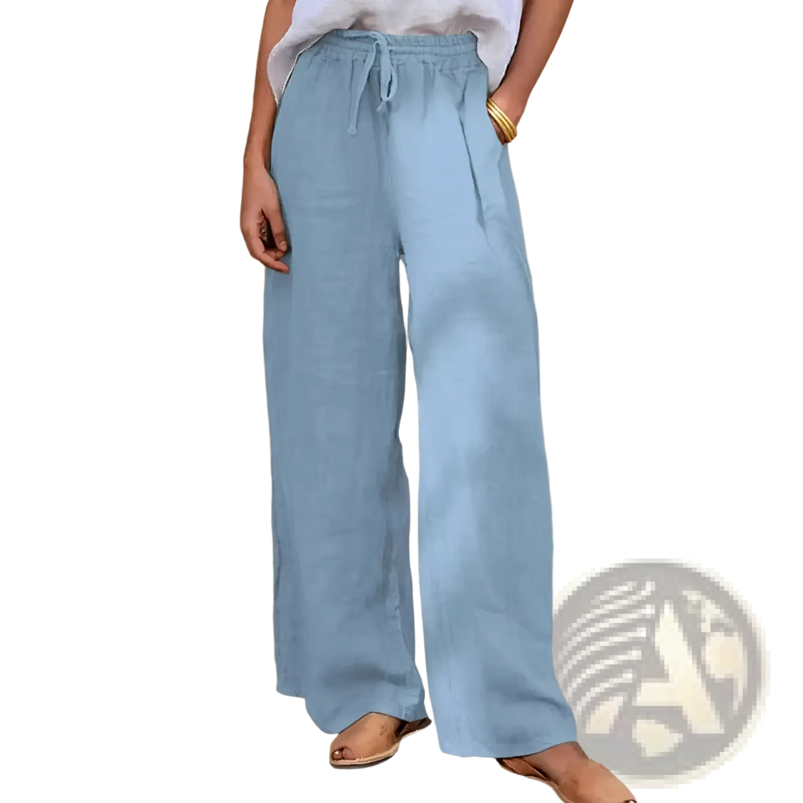 Light blue drawstring linen wide leg pants with elastic waistband and loose fit for comfortable wear