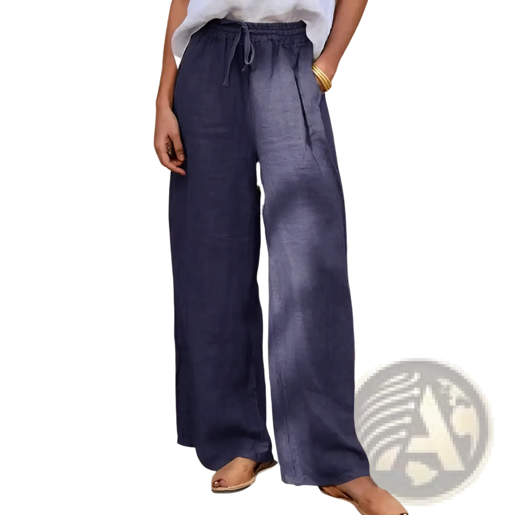 Navy blue linen drawstring wide leg pants featuring a comfortable waistband and breathable fabric for casual wear