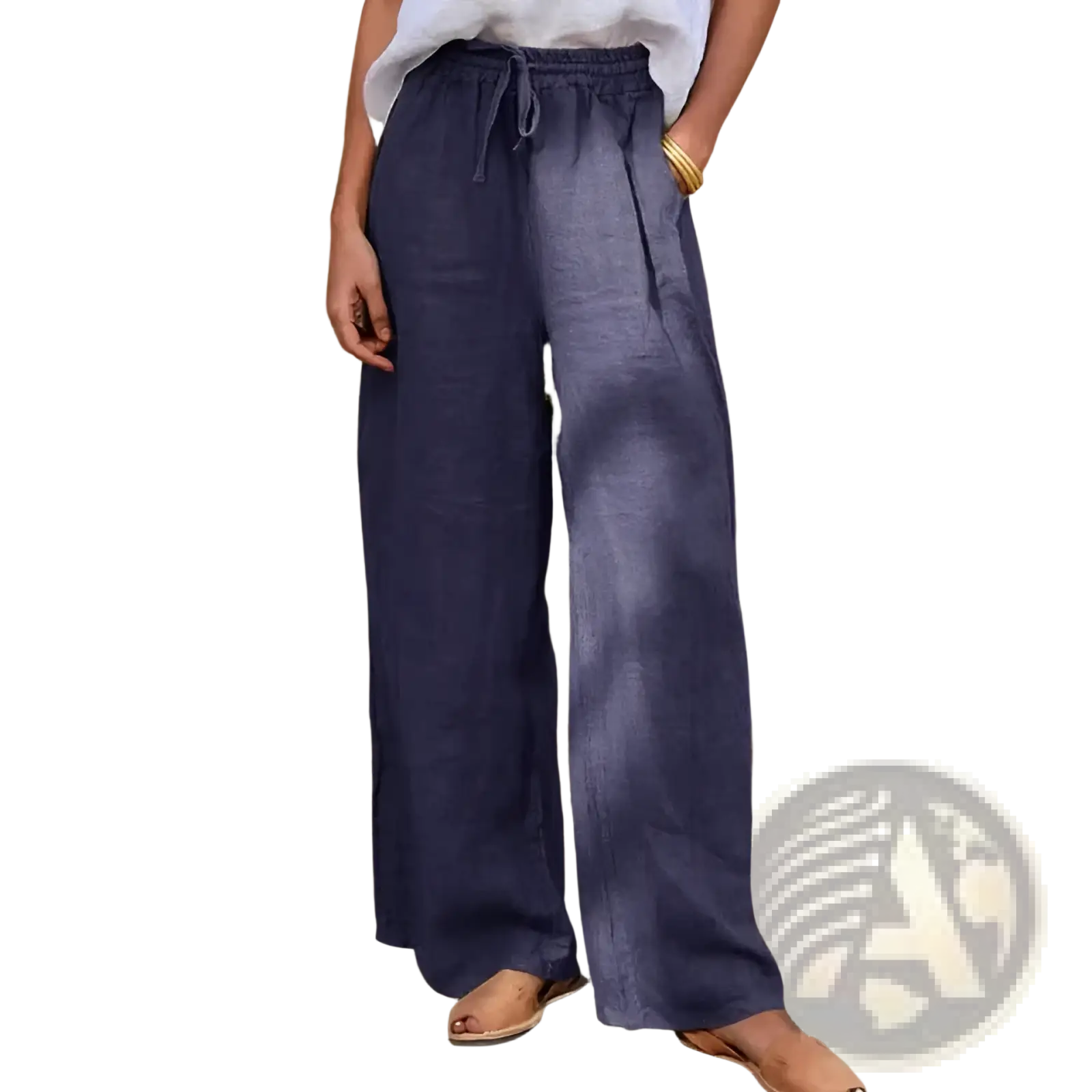 Navy blue linen drawstring wide leg pants featuring a comfortable waistband and breathable fabric for casual wear