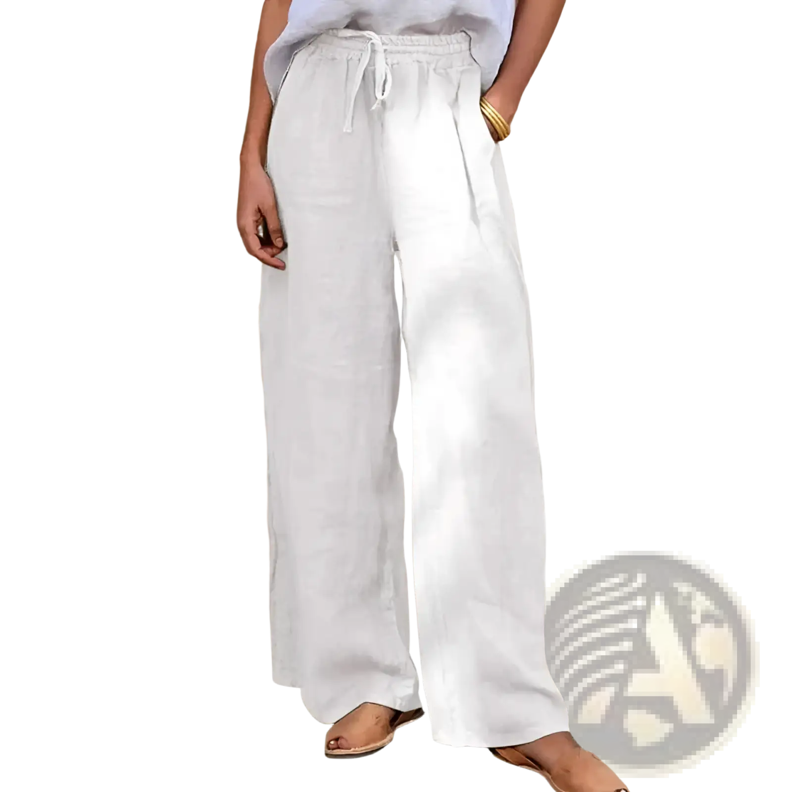 White linen drawstring wide leg pants with side pockets offering comfortable and breathable casual wear
