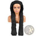 Black satin-lined dreadlock sleep cap hair bonnet with elasticated edges and central button closure shown from back