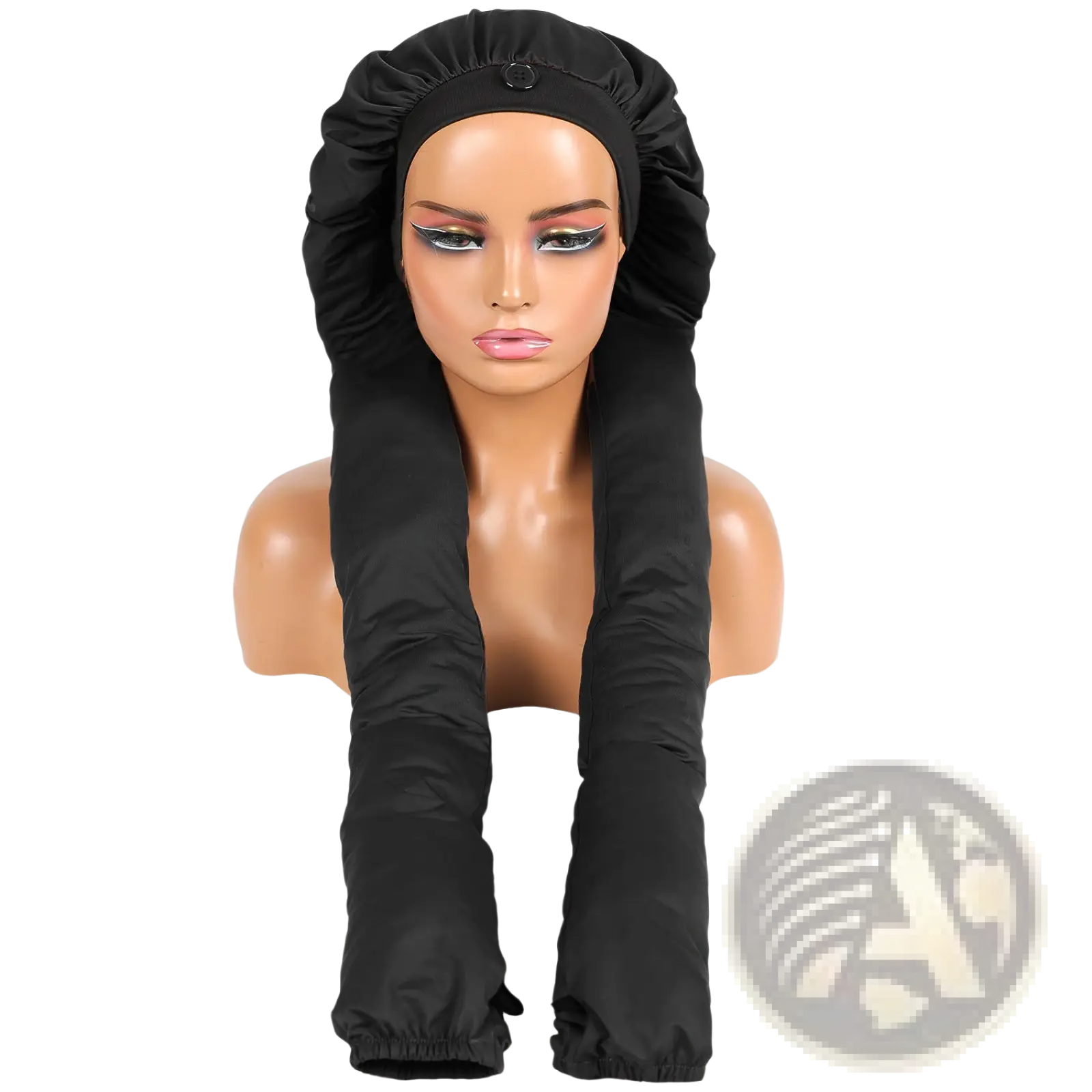 Black satin-lined dreadlock sleep cap hair bonnet with elasticated edges and central button closure shown from back