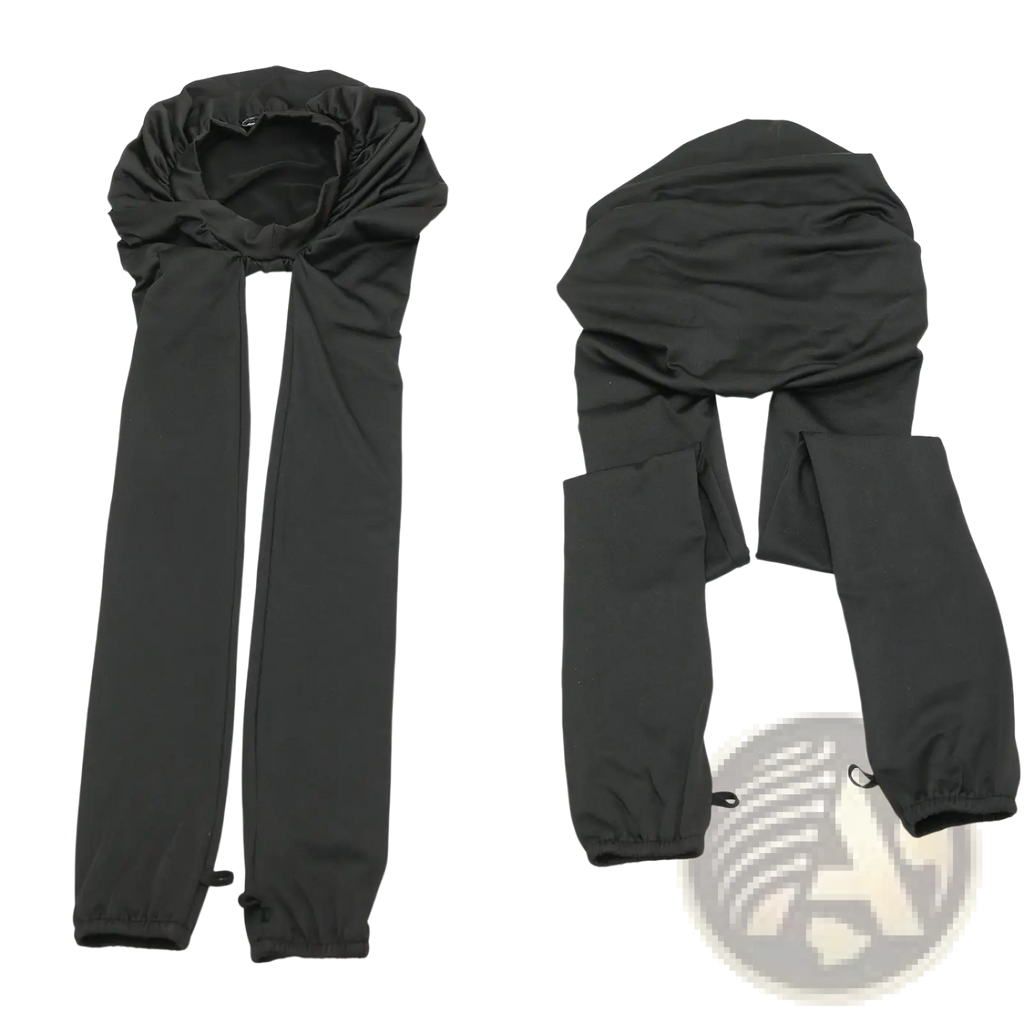 Black stretchy satin lined dreadlock sleep cap with elasticated sleeves and drawstring ends for hair protection