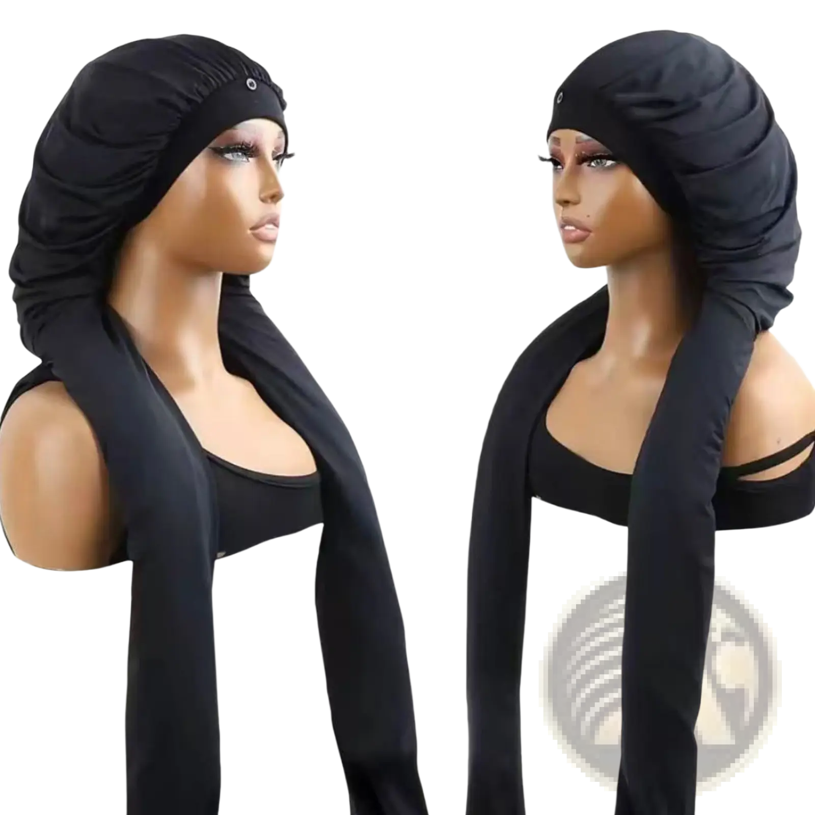 Black satin dreadlock sleep cap with ruched design and adjustable strap for satin lined hair bonnet use