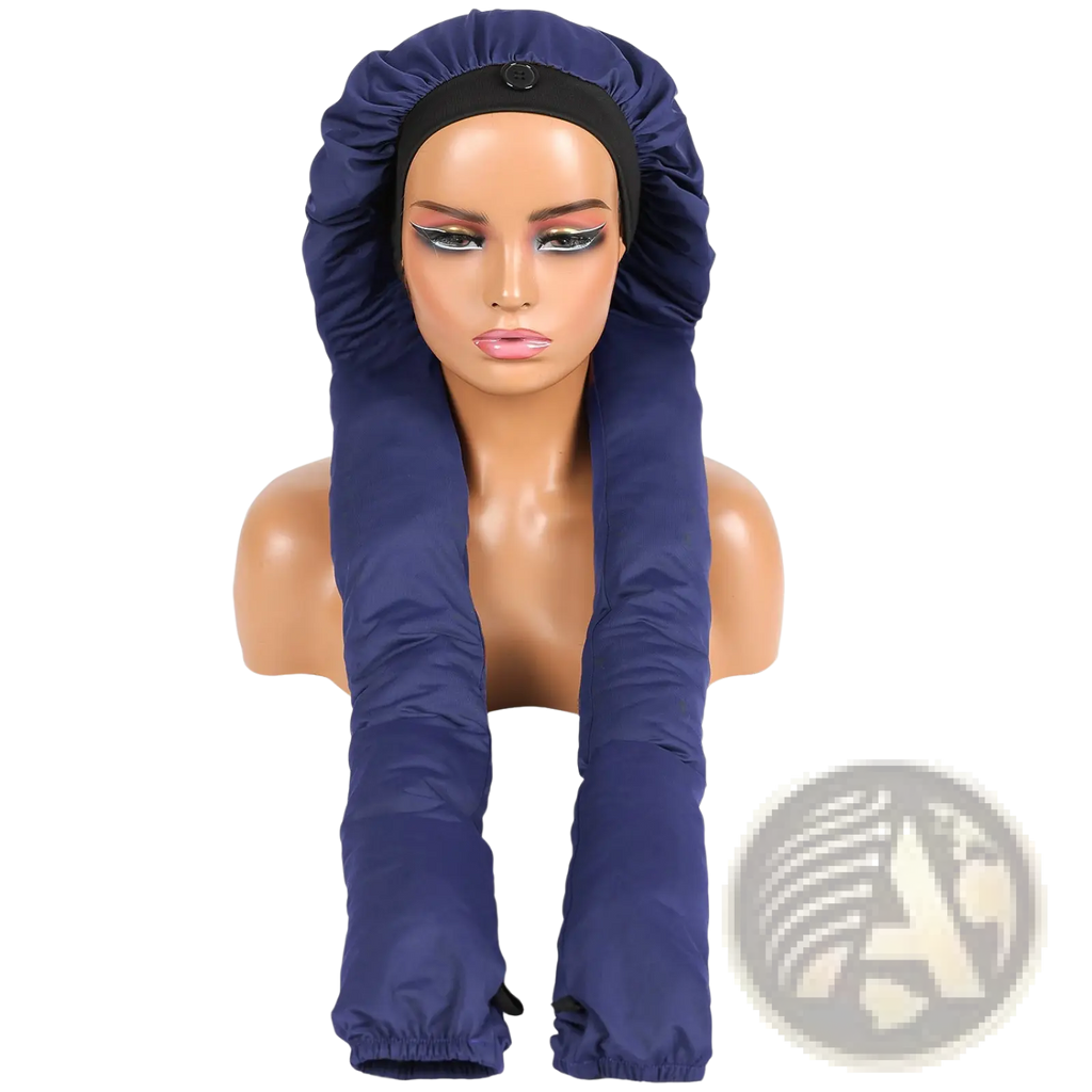 Navy blue dreadlock sleep cap satin lined hair bonnet with elasticated headband and gathered long sleeves shown from the back