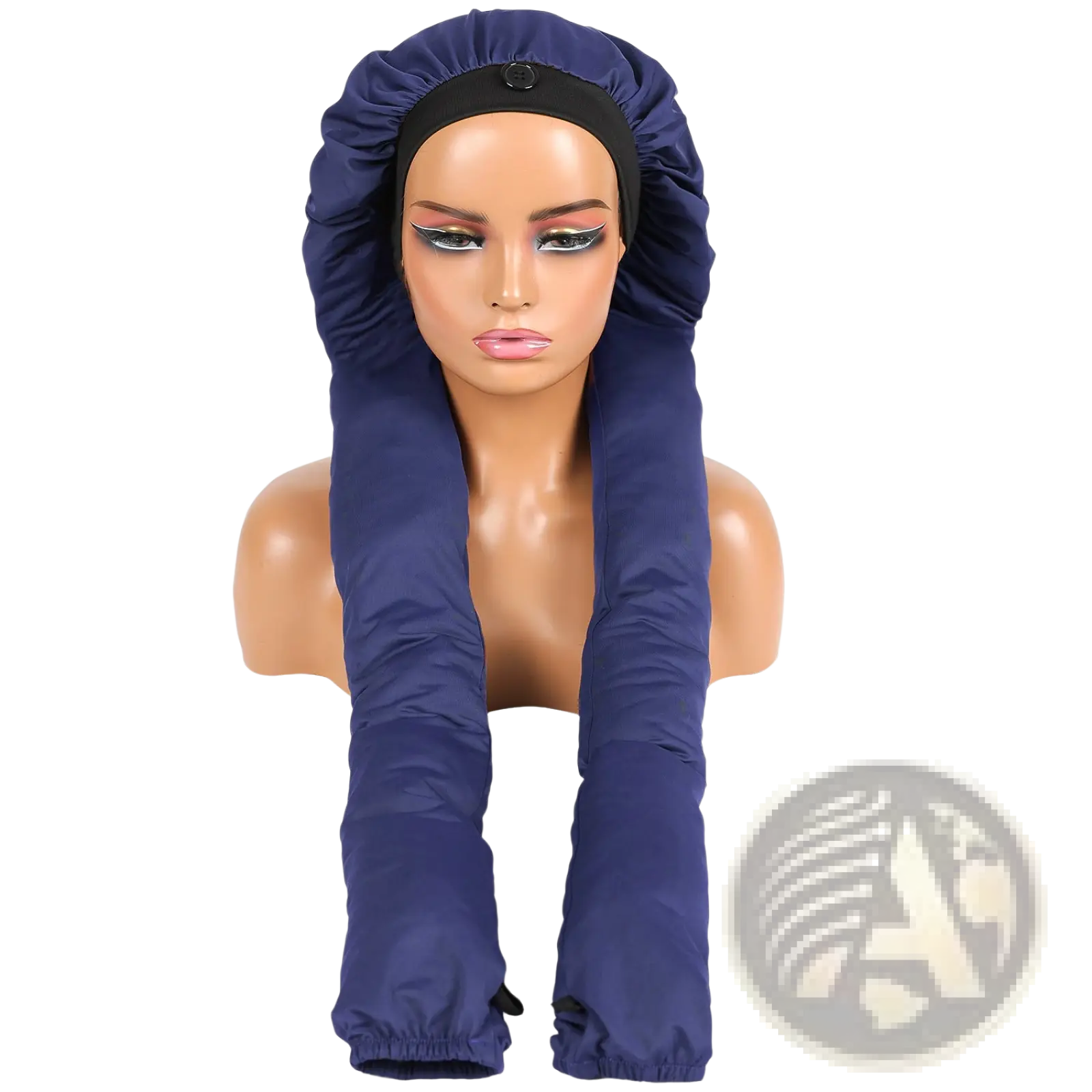 Navy blue dreadlock sleep cap satin lined hair bonnet with elasticated headband and gathered long sleeves shown from the back